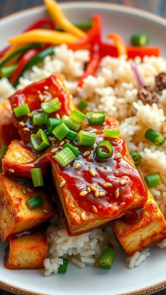 Flavorful Vegan Marry Me Tofu Recipe A plate of crispy vegan tofu with green onions and sesame seeds, served with rice and vegetables.